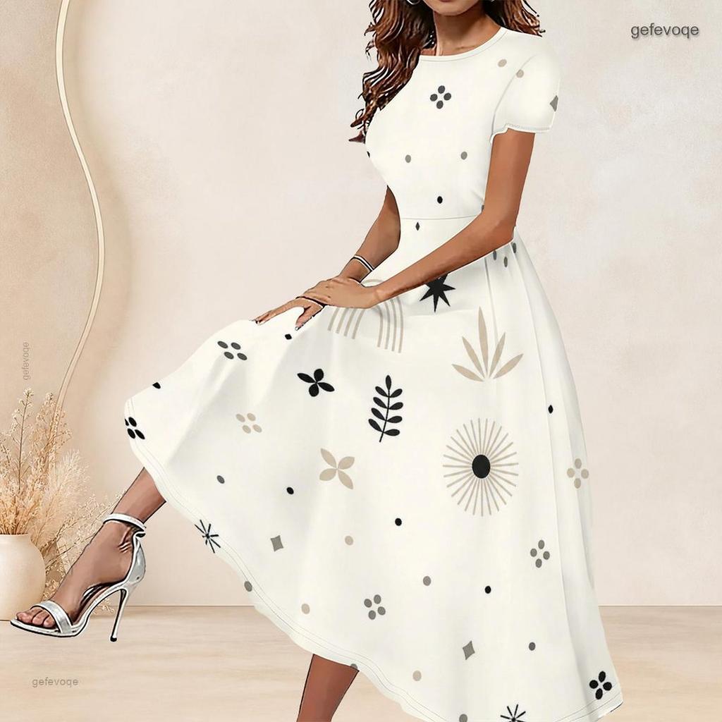 Women Plus Size Round Neck Short Sleeve Printed Gathered Waist A Line Long Dress