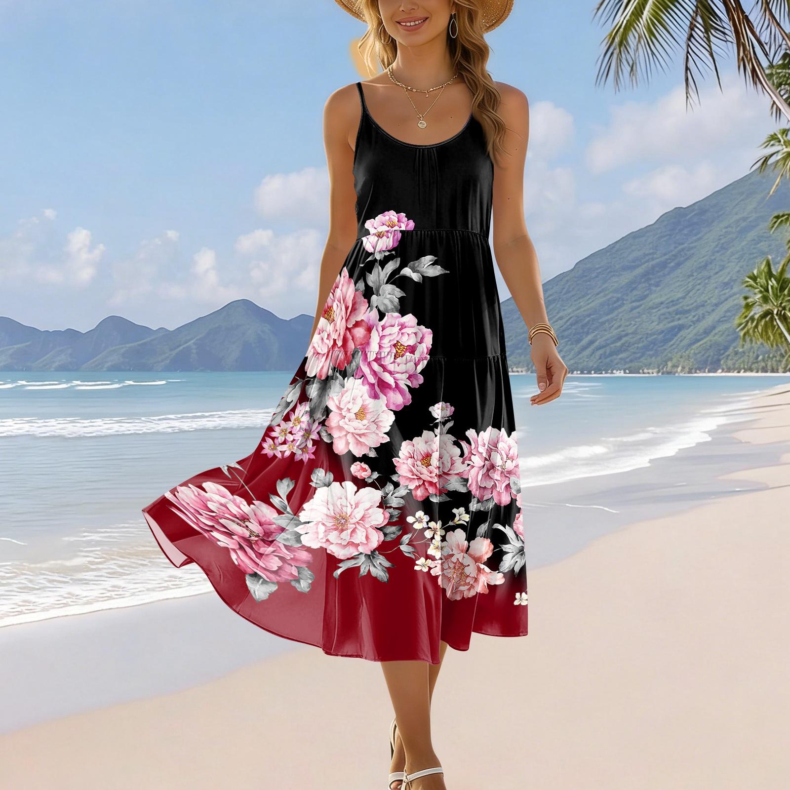 

Women s Summer Fashion Printed Pocket Adjustable Shoulder Strap Bohemian Leisure Beach Resort Strap Dress L чёрный