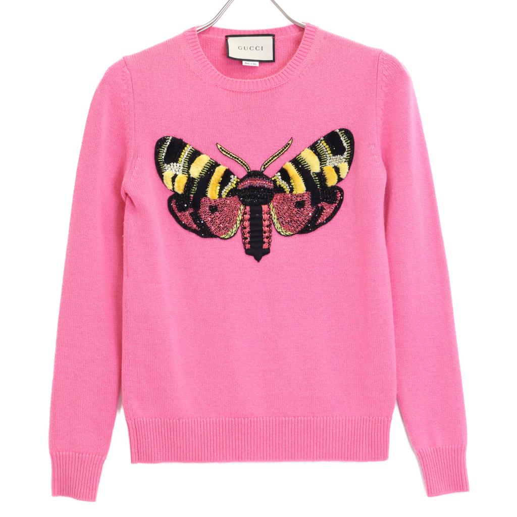 Gucci [Domestically Authorized] 493517 Beaded/Sequined Bee Embroidered Cashmerex Silk Crew Neck Knit Sweater Tops XS pinkUsed