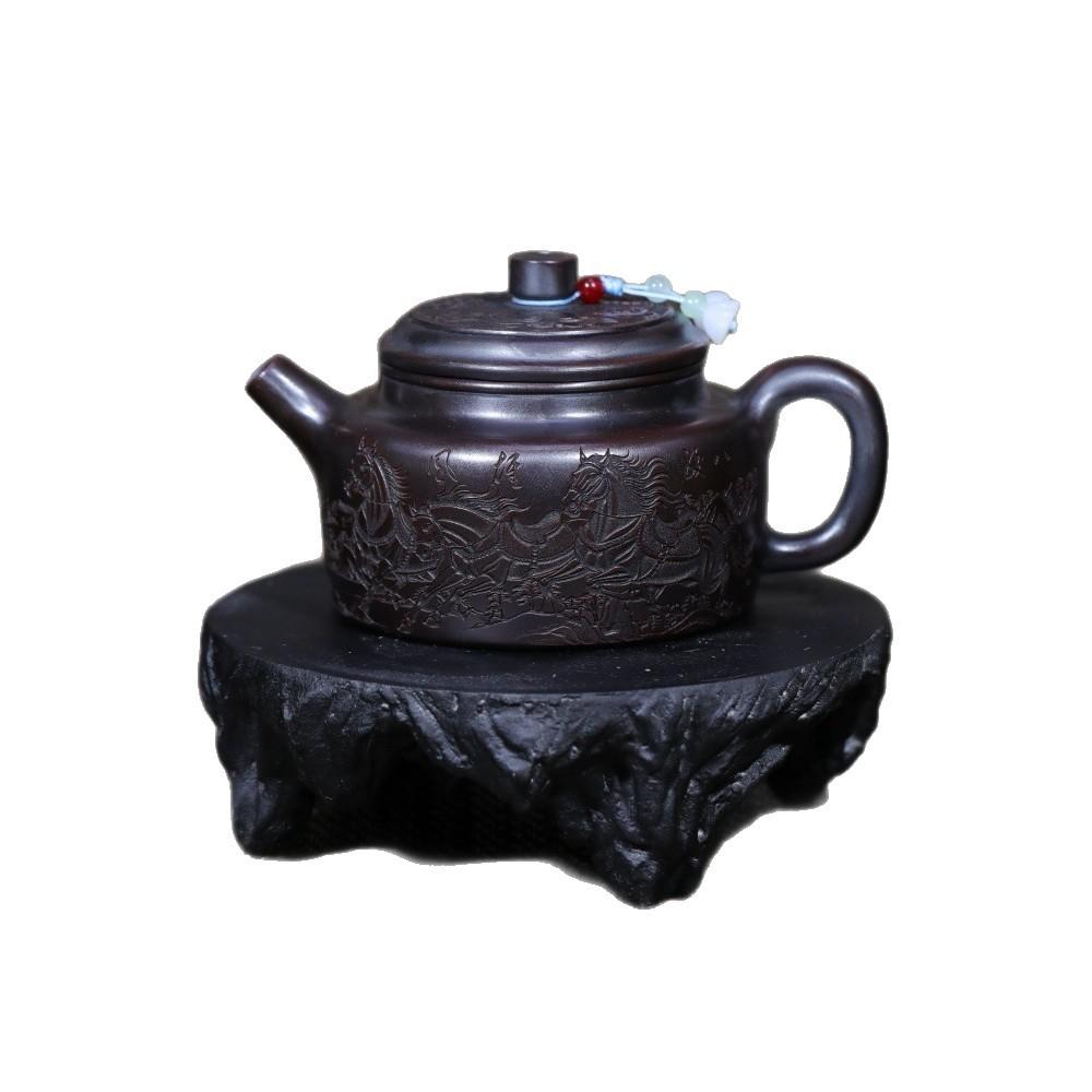 Handmade Yixing Zisha Teapot and Eight-Horses Gift Set by Famous Artist in Original Bronze Clay.