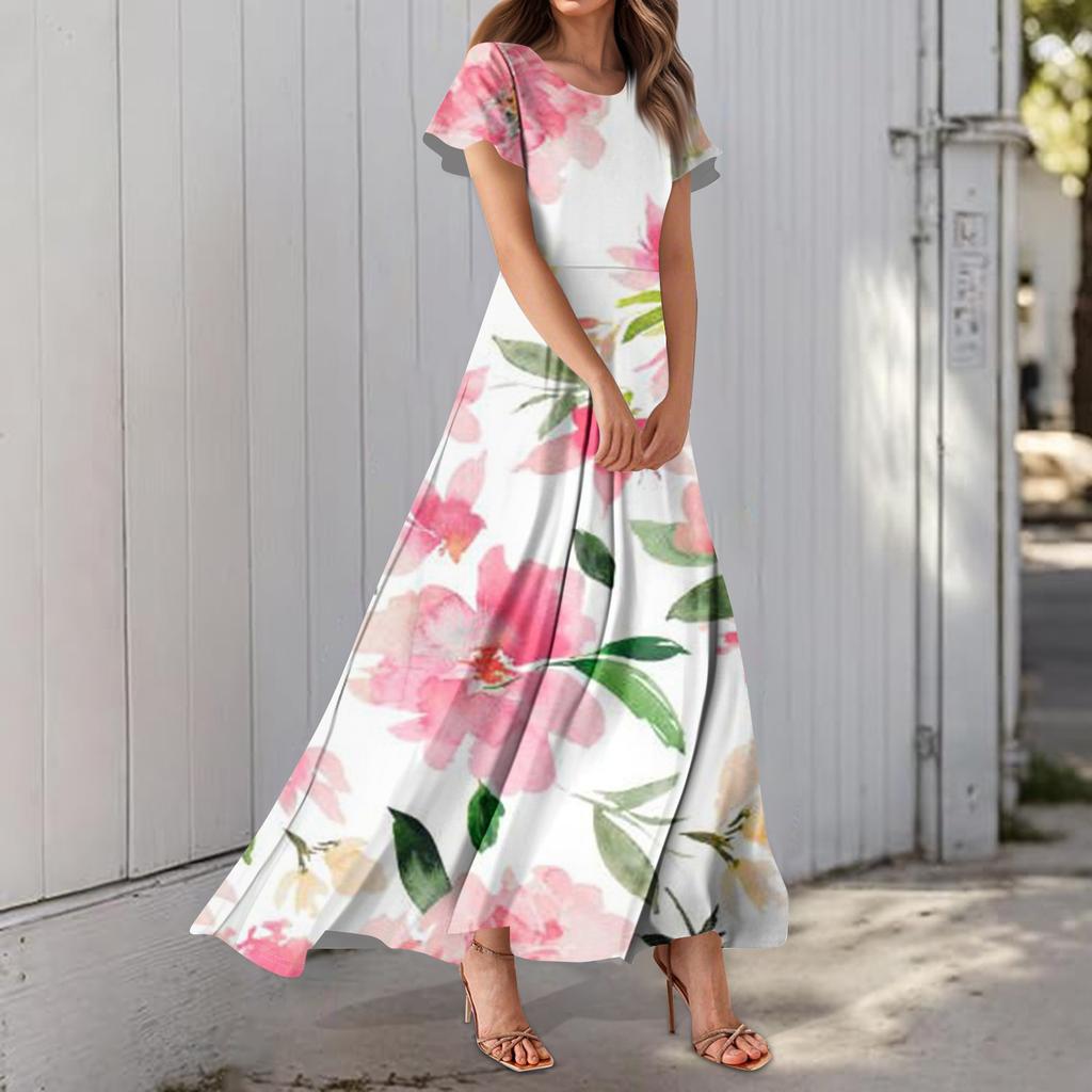 Damenkleid mit Hawaii-Print, lässig, Rundhalsausschnitt, kurzärmelig, hohe Taille