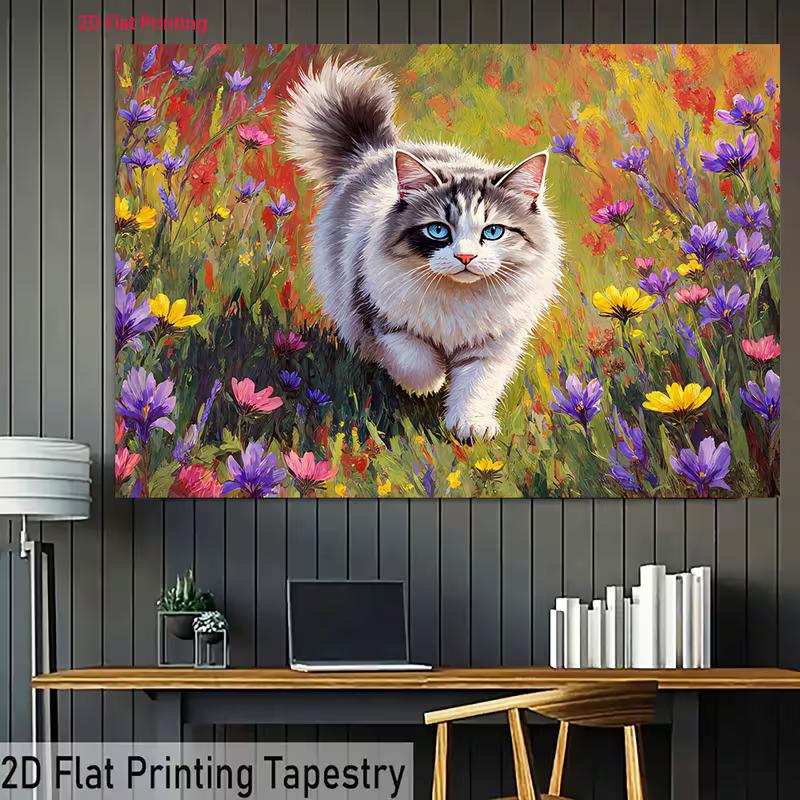 Cute Kitten in Colorful Flowers Backdrop Oil Painting Garden Background for Photoshoot
