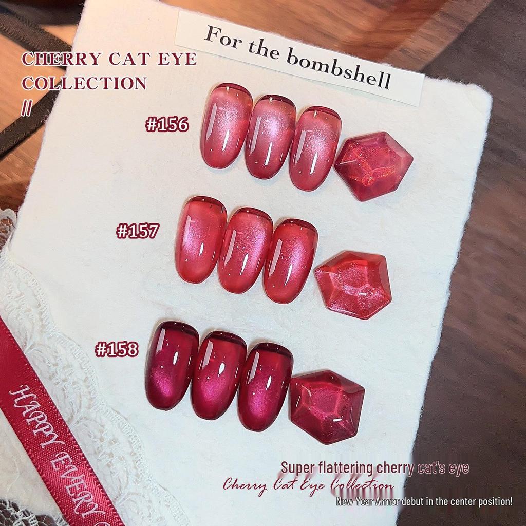 2026 New Year Cherry Cat Eye Nail Gel - Autumn/Winter Edition In Whitening Wine Red with Glass Beads for Nail Salon Exclusive