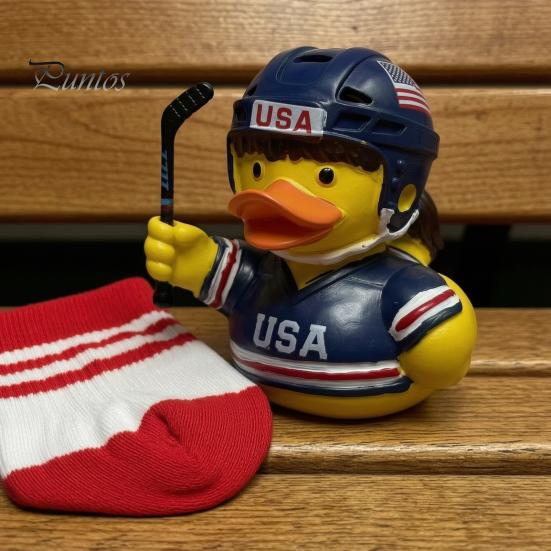 Niche Sports Event Peripheral Hockey Player Rubber Duck Resin Figurine, Statue with Complete Helmet Sturdy Sculpture Stick Jersey Gear, Weatherproof