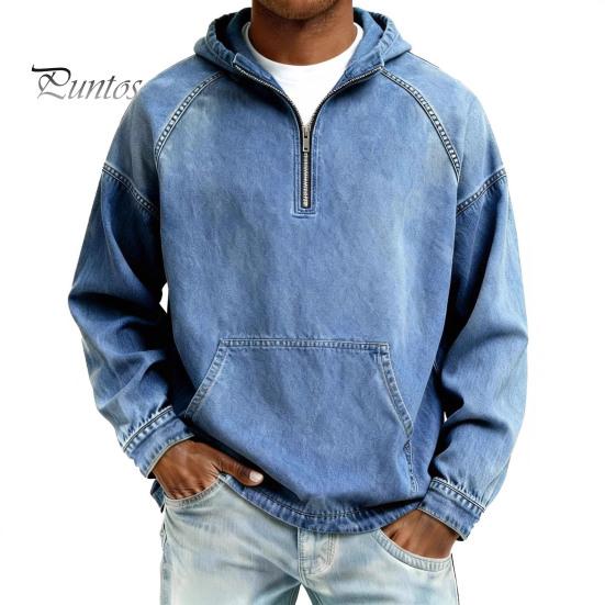 Comfortable Men Sweatshirt Hoodie Long Sleeve Half-Zipper Stand Collar Front Pocket Fall Pullover Solid Color Hooded Tops Sports School Streetwear