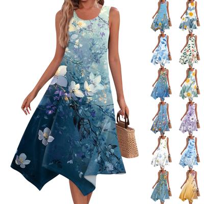 Abito lungo da donna casual, senza maniche, con scollo rotondo, stampa floreale vintage e orlo irregolare