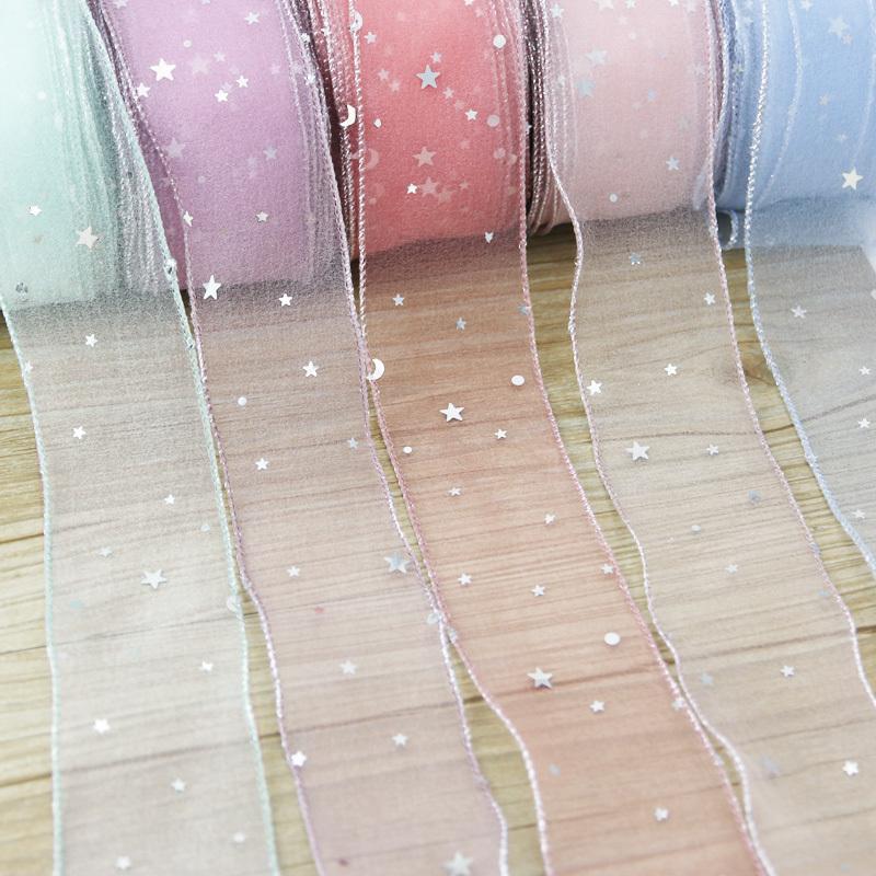 (5 Yards/roll) Stars Silk Organza Ribbon Bow Material for Hair Print Flower Decoration Lace Ribbons