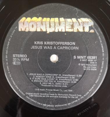 LP Record KRIS KRISTOFFERSON  Jesus Was A Capricorn SMNT65391 Monument UK CountryFolk Used