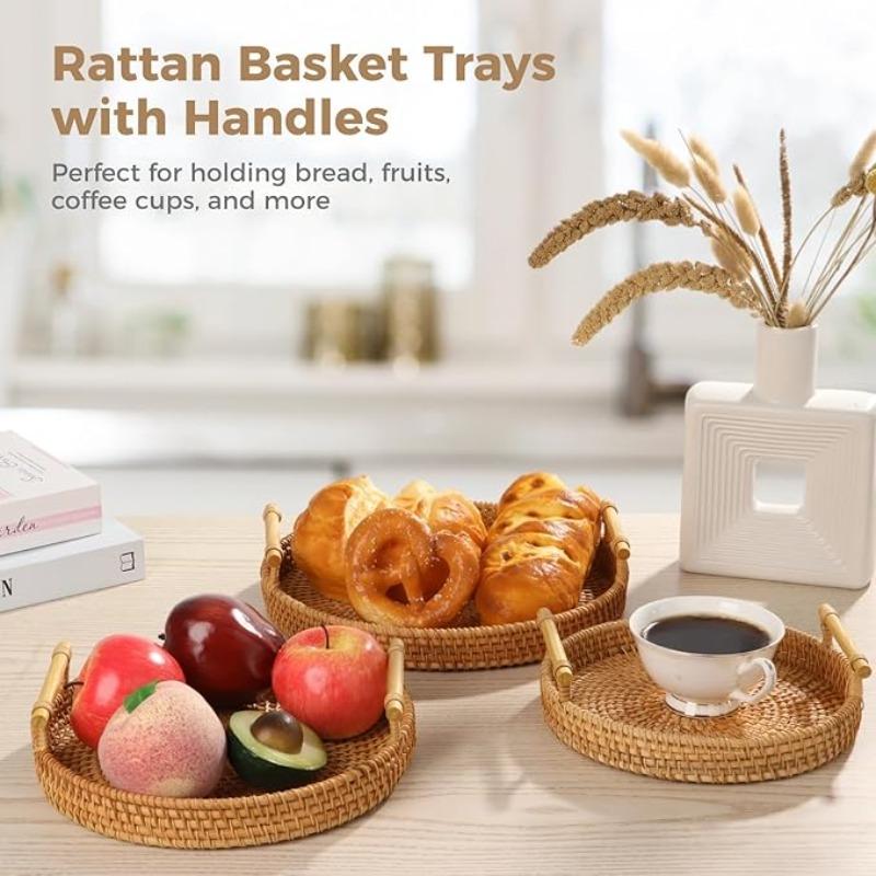 1PC Rattan Strap Handle Storage Basket Bread Snack Fruit Handwoven Tray Outdoor Coffee Afternoon Tea Picnic Kitchen Household