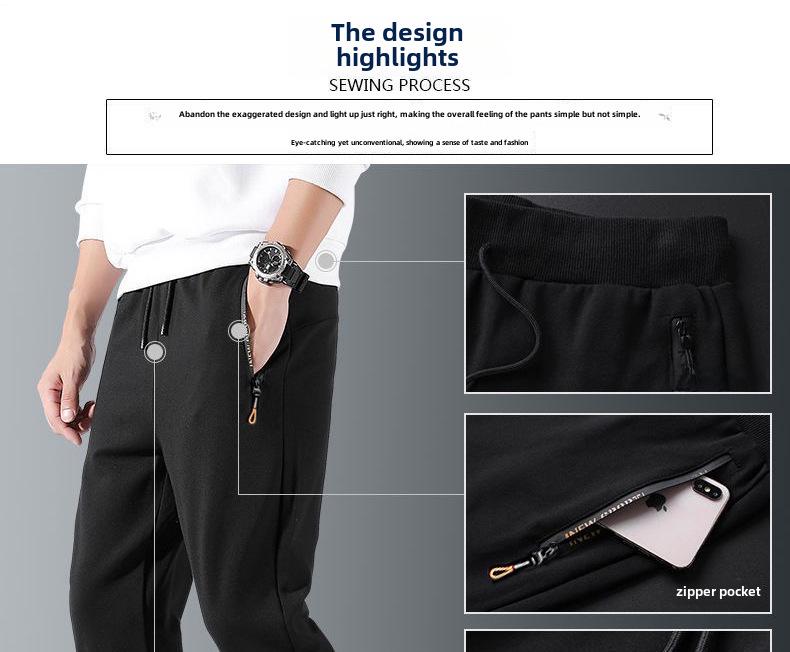 Men's Yellow Zipper Casual Sports Pants, Large Size, Plus Velvet, Thickened for Autumn and Winter 2023, Korean Style with Cuffs.