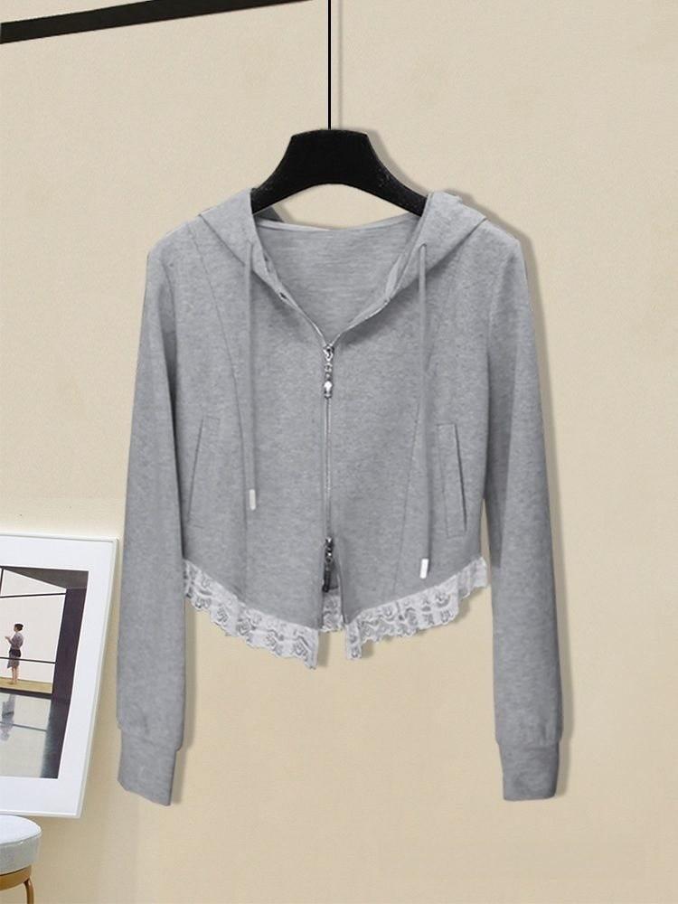 Lingerie Style Lace Hooded Sweatshirt And Midi Skirt Set For Casual Wear
