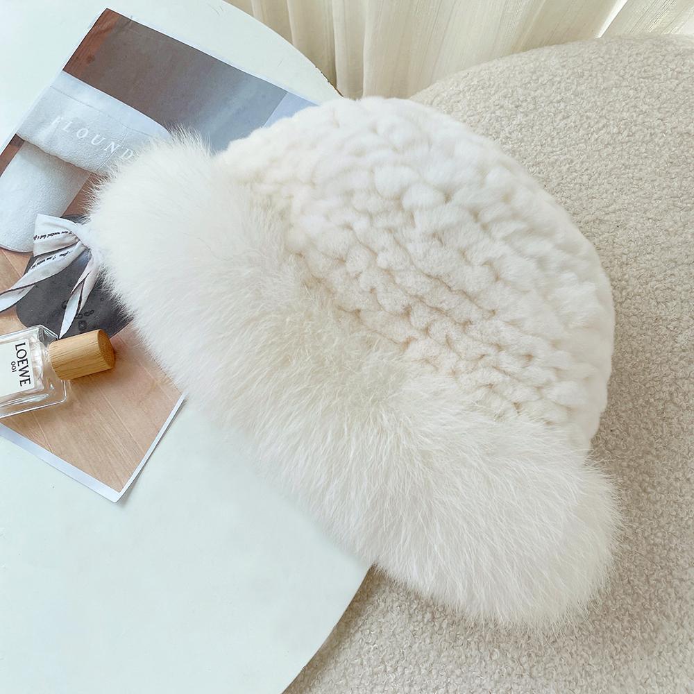 Women Luxury Winter Hat Real Rex Rabbit Fur Bomber Hats Lady Winter Genuine Fox Fur Cap Beanies Warm Soft Fluffy Natural Fur Hat
