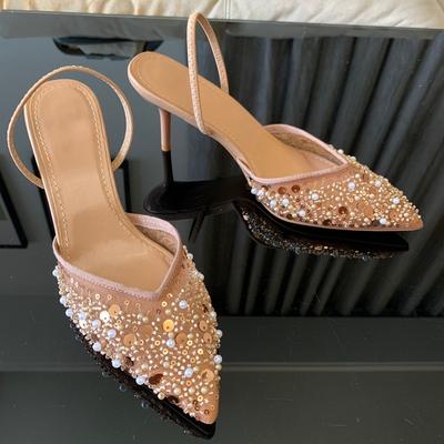 Summer Women's Sandals Bling String Bead Mesh High Heels Footwear Elegant Slingback Pointed Slip On Party Lady Pumps Shoes