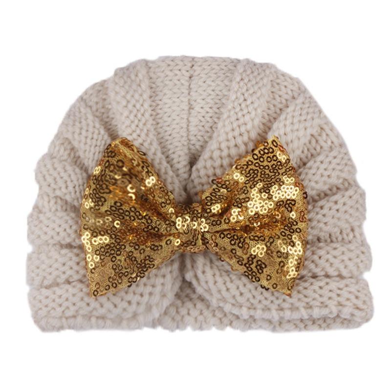 New baby sequined knotted thermal hat in autumn and winter, cute baby bow knitted hat, children's hat
