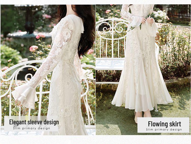 Women's V-Neck Lace Embroidered Mermaid Dress with Long Sleeves - French Gentle Style for Autumn