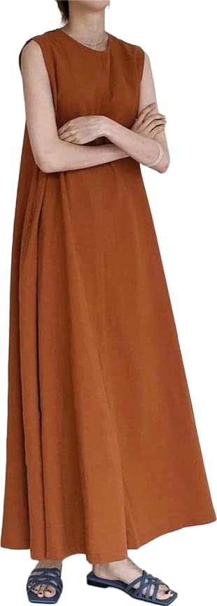 

Summer Sleeveless Dress for Relaxed Maxi Cotton Autumn [JINJUDUO] Women, Long, Slimming, Refreshing, Linen, Natural, Fit, Figure-Flattering, Cute, коричневый