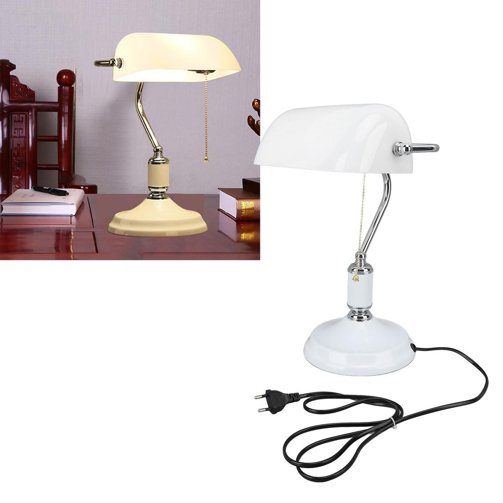 Bankers Table Lamp White Glass Vintage Style Desk Lamp with Retro Pull Chain Switch Reading Table Lamp
