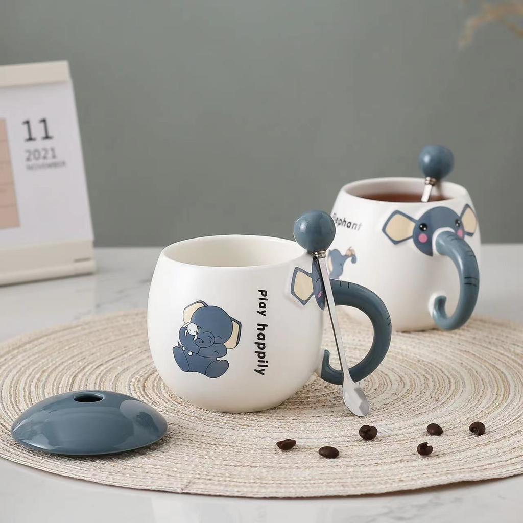 Creative and Cute Elephant Mugs Office Home Ceramic Cups  Covered Spoons  Student Breakfast Milk Cups Coffee Cups