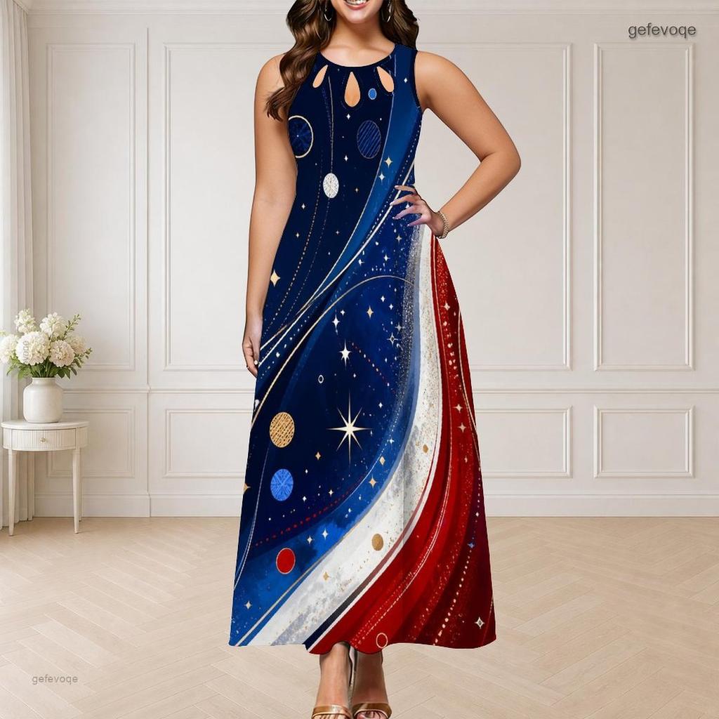 Women Plus Size Round Neck Triple Keyhole Cutout Sleeveless Printed Red Blue White Long Dress
