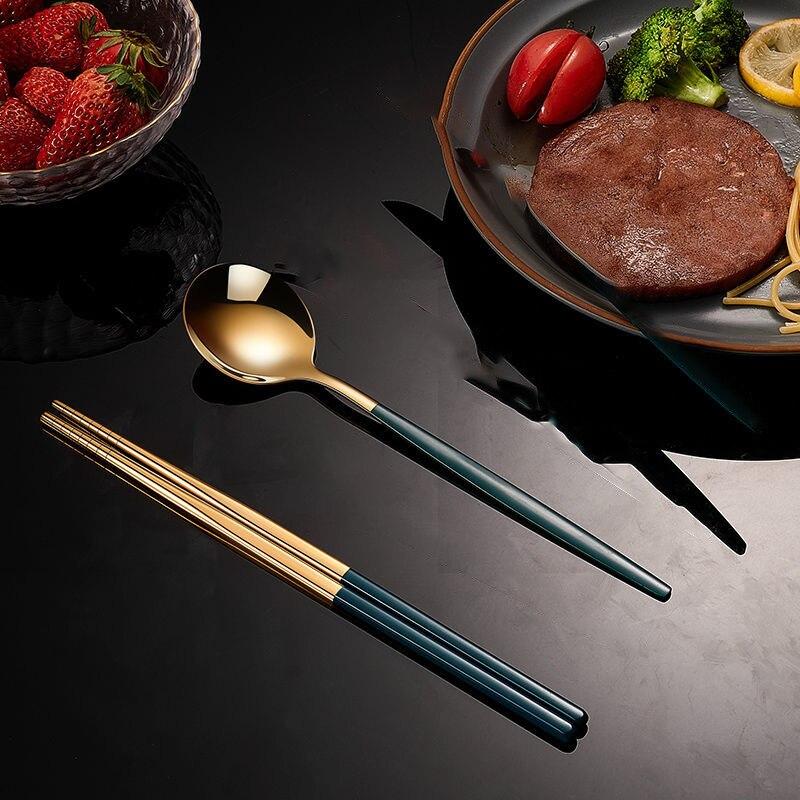 5-piece Stainless Steel Tableware Set Household Black Gold Chopsticks Spoon Green Gold Tableware Set Red Gold Luxury Tableware Set