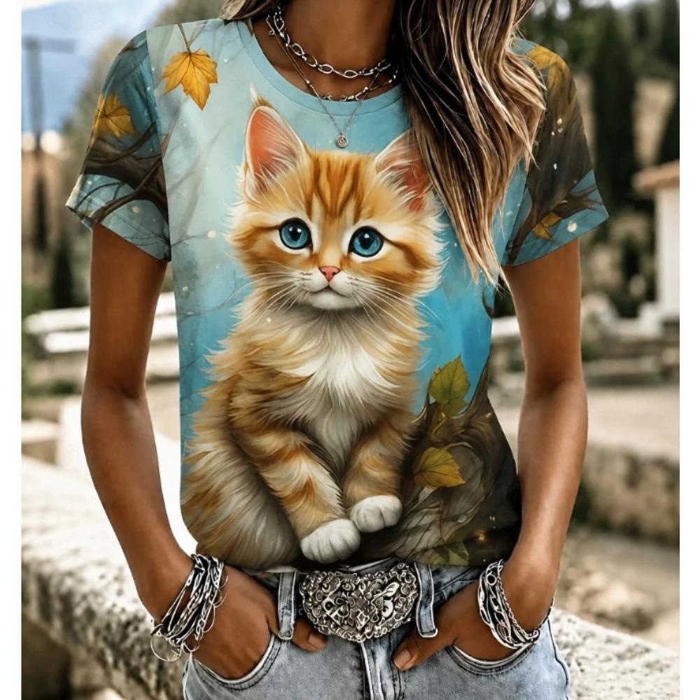 Mode Femme Rétro Créatif Impression Motif Chat T-shirt Drôle Décontracté Col Rond Manches Courtes T-shirt Été Féminin Tee Shirt