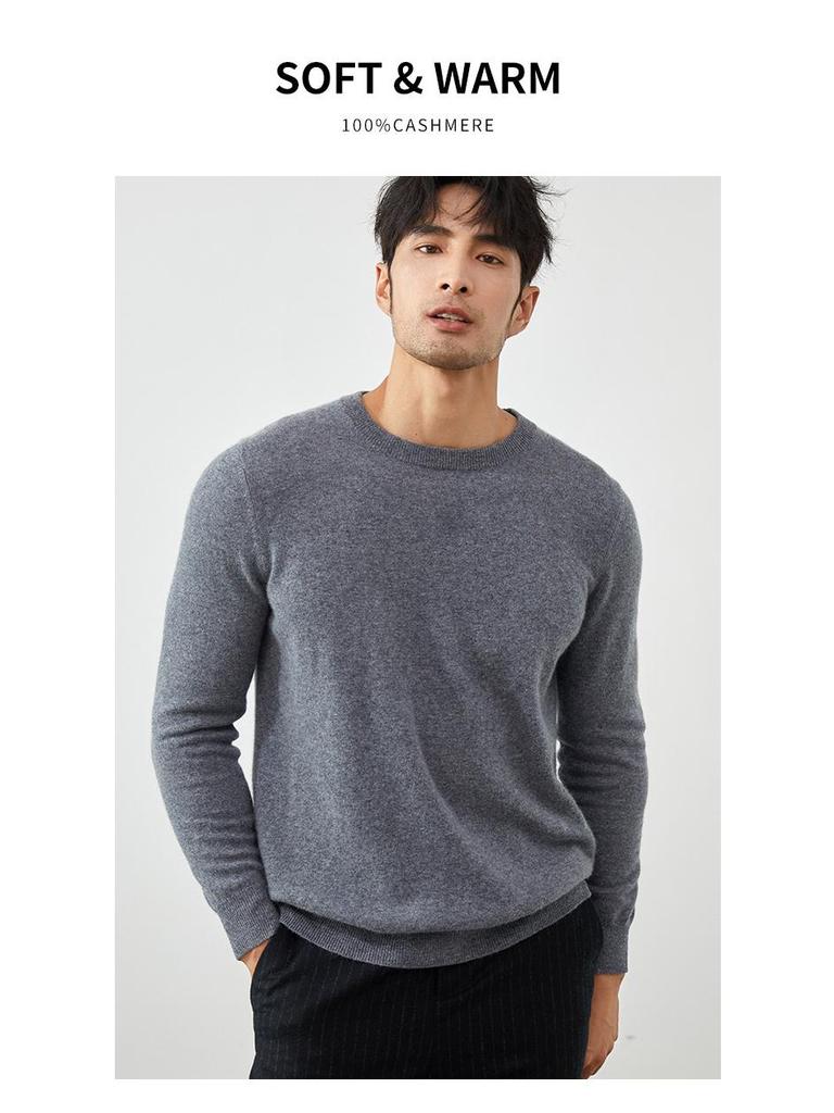 Men's 100% Cashmere Crew Neck Sweater - British Style Slim Fit for Autumn/Winter