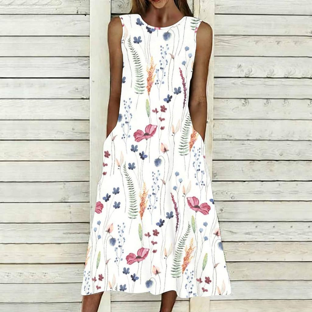 Women Plus Size Sleeveless Round Neck Dress Charming Floral Pattern Loose Mid Calf Gown