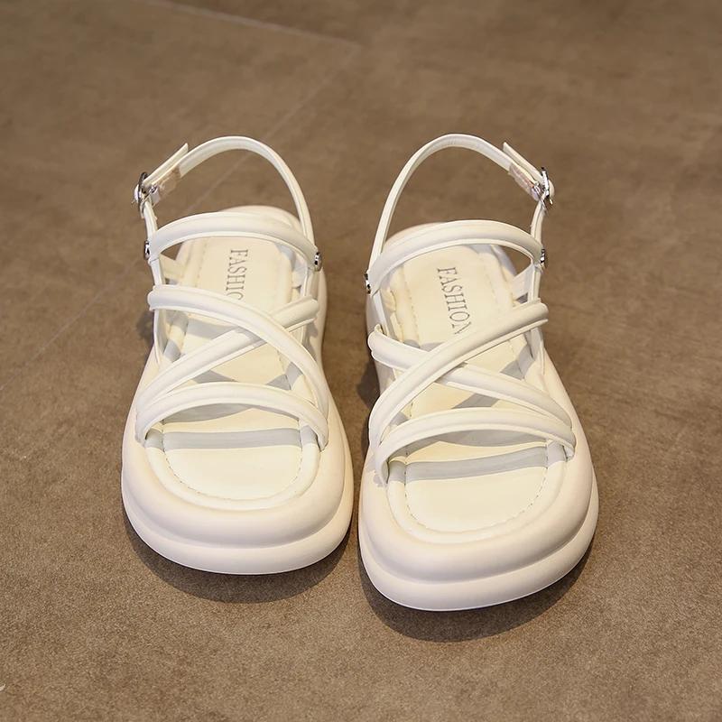 Fashion Sandals Women 2024 New Summer Round Head Ankle Strap Platform Luxury Sandals Casual Non-slip Roman Gladiator Female Ladies Shoes