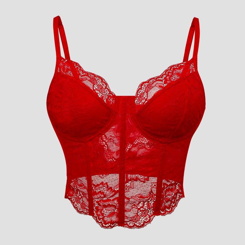Red Lace Corset Top Spaghetti Strap Sweetheart Bustier Crop Top