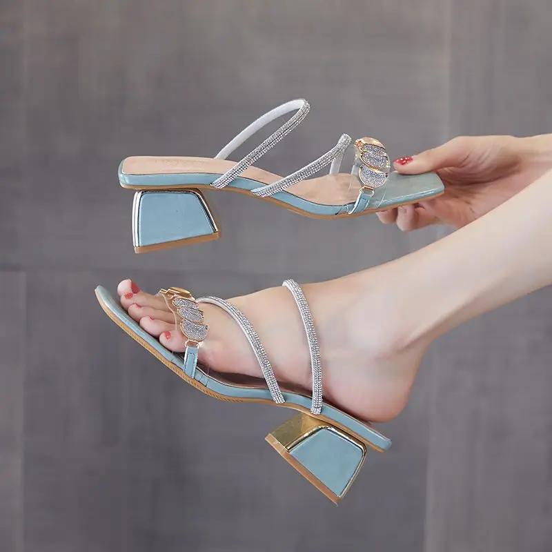 Fashion Outside Women's Slippers and Ladies Sandals Blue Heeled Slides Rhenstone Sexy Open Toe Indoor Job Shoes Luxury Casual W I Shoe Y