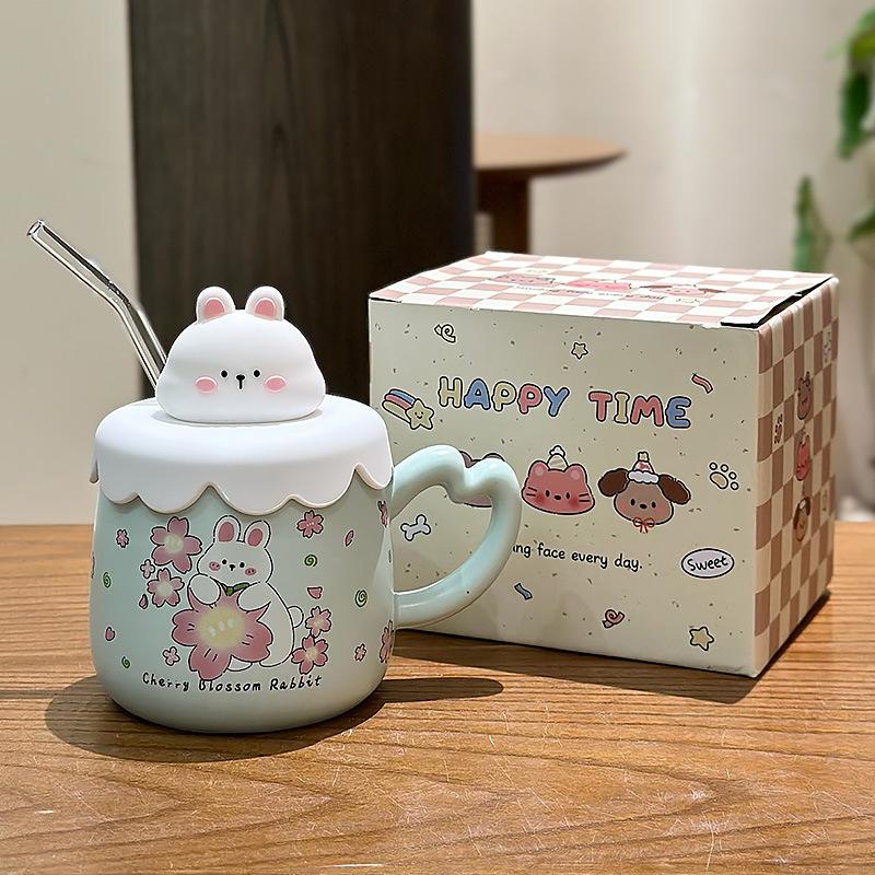 Cute Bunny Straw Mug With Lid Tea Cup Beer Mugs Coffee Cups Original Breakfast Cups Drinkware Personalized Gift Christmas Funny