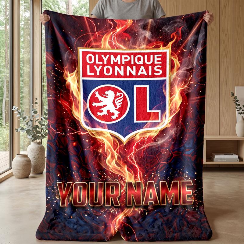 Lyon FC Custom Name Text Flannel Blanket Soccer Logo Personalized Fleece Throw Blanket Special Gift For Sofa Bedroom Home