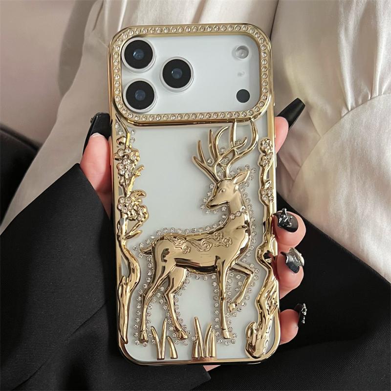Women Girl's Glitter Diamond Elk Phone Case For iPhone 17 Air 12 13 14 15 16 17 Pro Max Transparent Plating Soft Silicone Cover