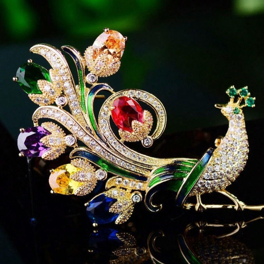 Gold-Toned Peacock Brooch - Multi-Colored Crystals, Clear Crystal Studded, Green Enamel Accents, for Daily, Ideal for Gift