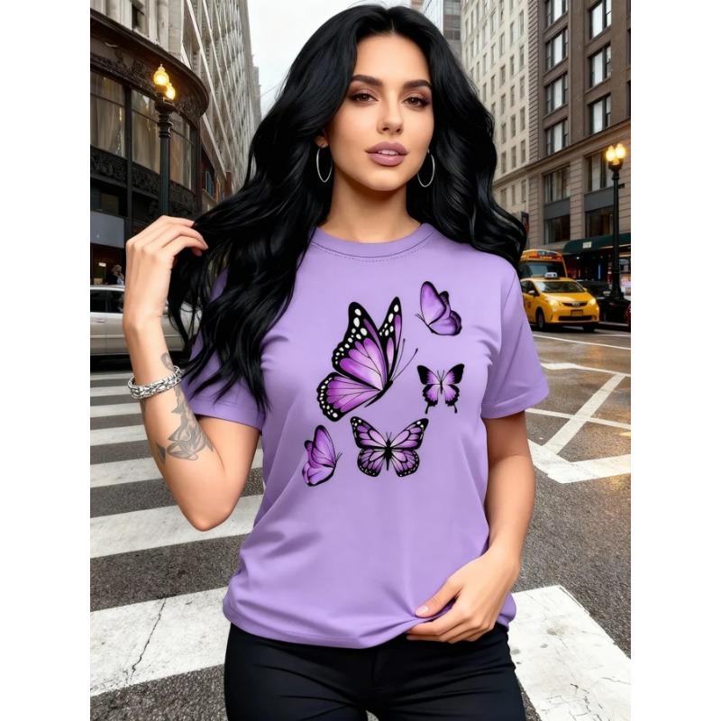 Fashionable butterfly printed T-shirt - short sleeved round neck, comfortable, breathable and soft, perfect choice for spring and summer