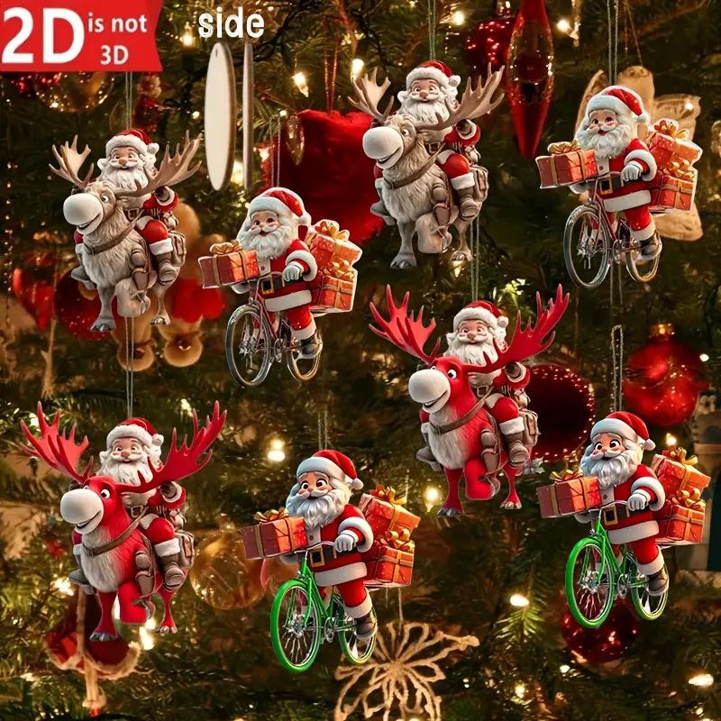 8Pcs Christmas Wooden Bicycle Santa Claus 2D Flat Wooden Pendant Christmas Tree Decoration Perfect Holiday Gift Decor