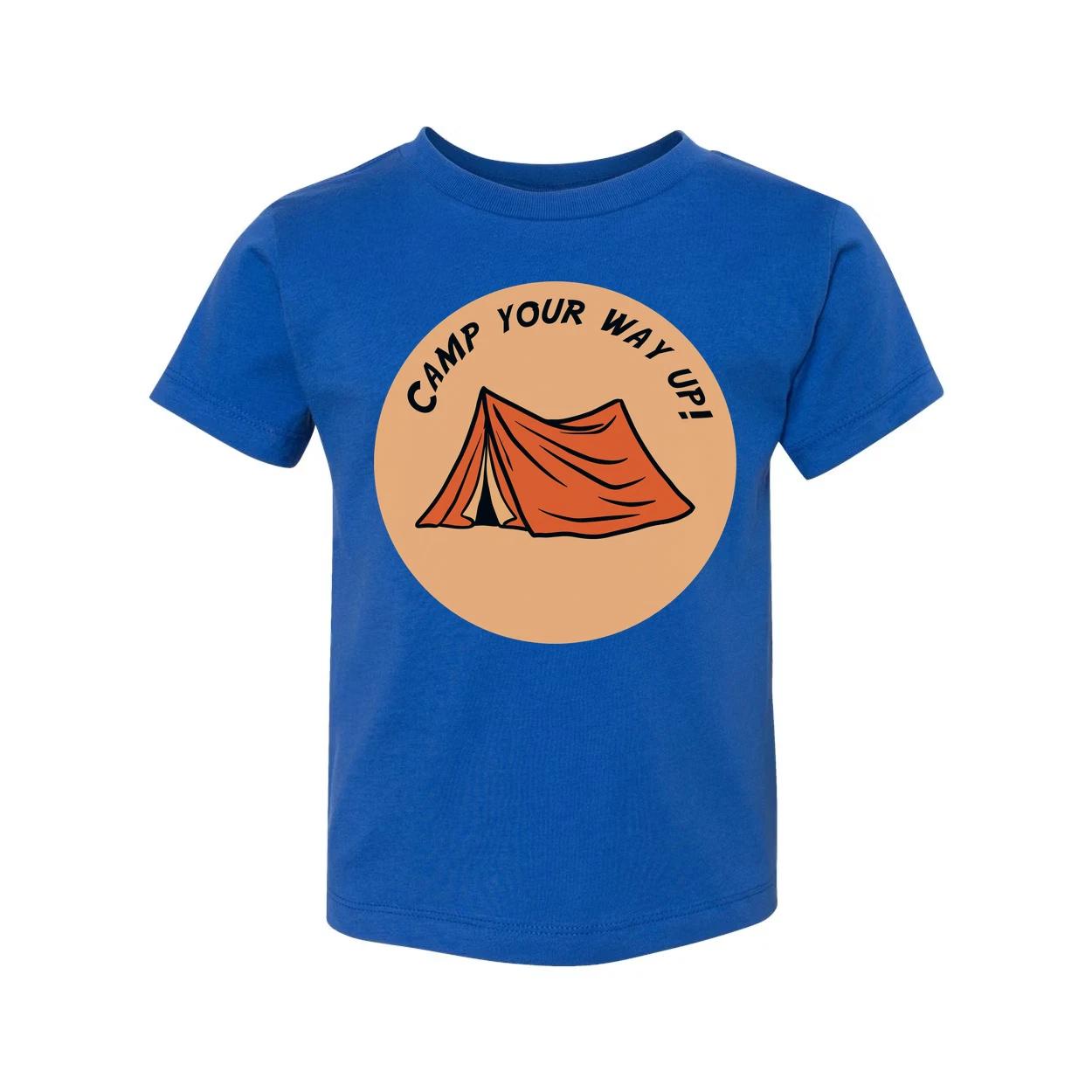 

Unisex Outdoor Camping Tee With Circular Orange Tent Graphic and Adventure Theme S