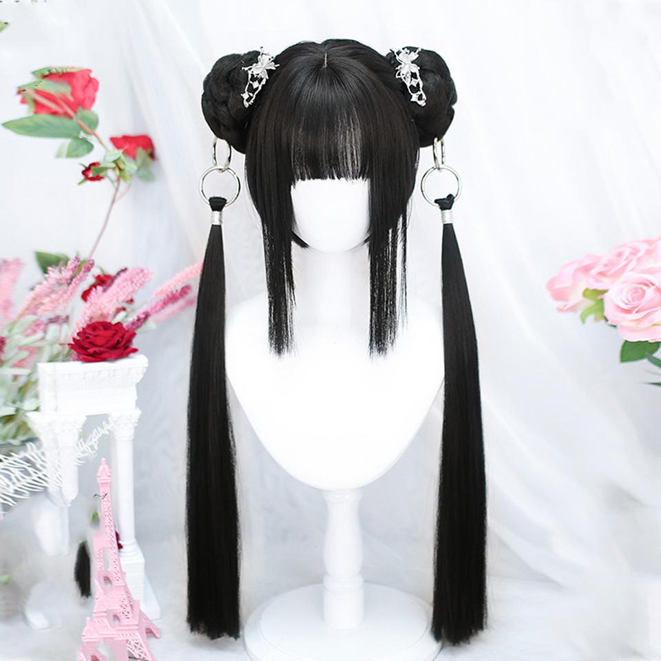 DIY Anime Synthetic Short Straight Green Wig Double Hair Loop Double Braid Ponytail Natural Short Straight Head Cover Wig For Women