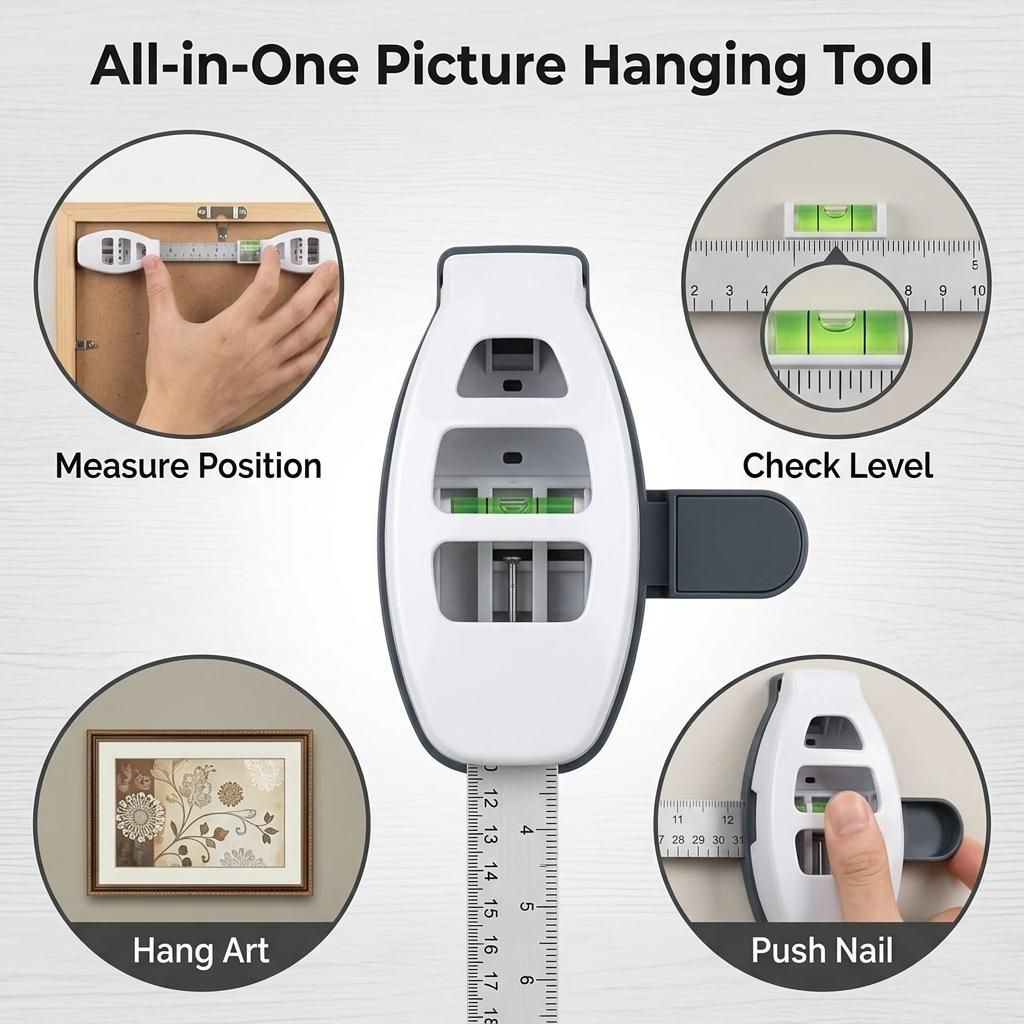 Picture Frame Hanger with Level Tool Installation Device for Wall Art Including Measuring Ruler Built-in Level and Nail Pusher