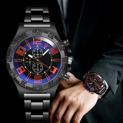 Herren Sport Leuchtende Quarz Uhr Stahlarmband Mit Blauem Zifferblatt