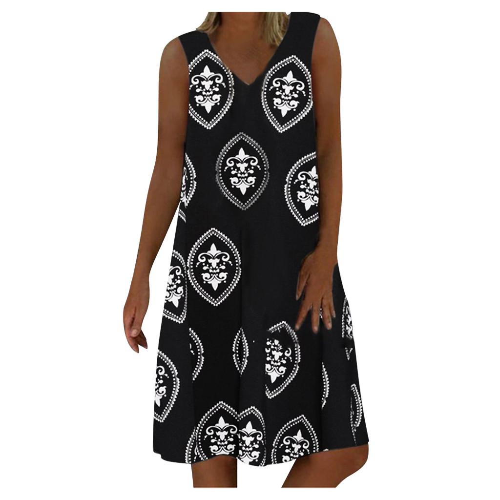 Women Vintage Casual Summer Floral Print V-Neck Short Sleeve Dress  Dress