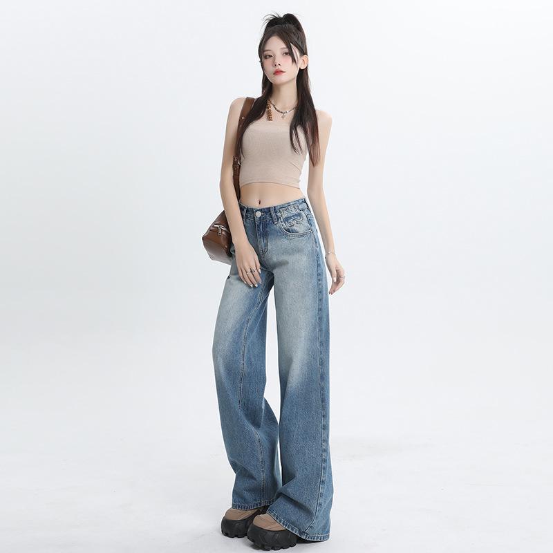 Summer Vintage Washed Relaxed Straight Drape Floor Wide Leg All Match Denim Pants For Ladies Casual Pants Oversize Denim Trousers