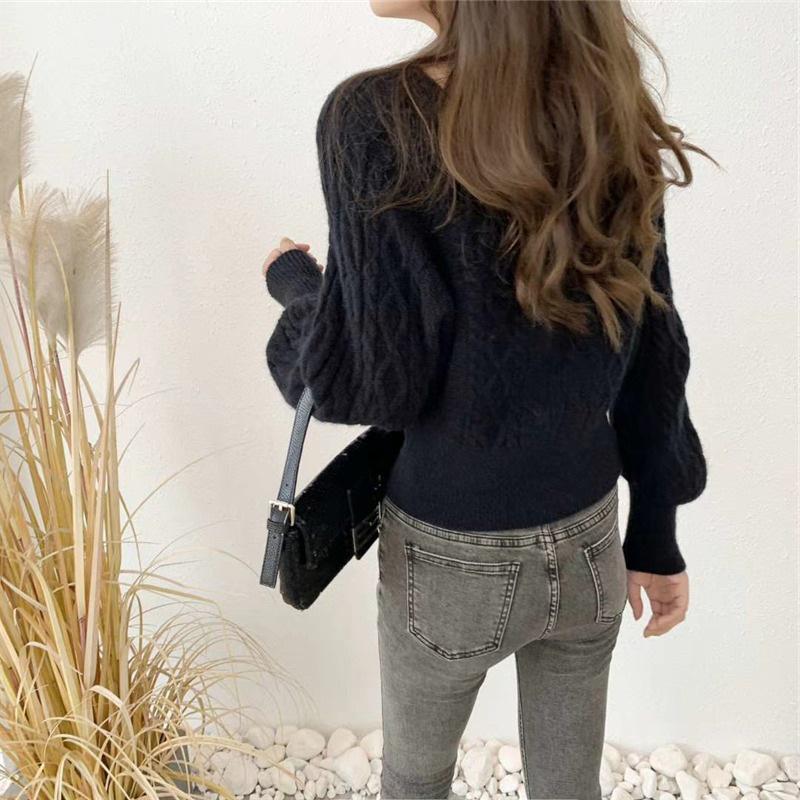 Korean Style Loose Square Neck Sweater - Women's Thick Cable Knit Waist-Slimming Top for Autumn/Winter