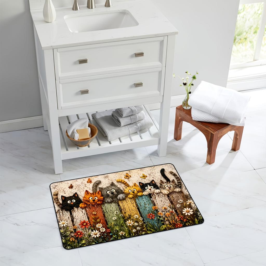 2D Flat Cute Cat Printed Faux Cashmere Bath Mat Absorbent Entrance Door Mat Non Slip Bathroom Rug