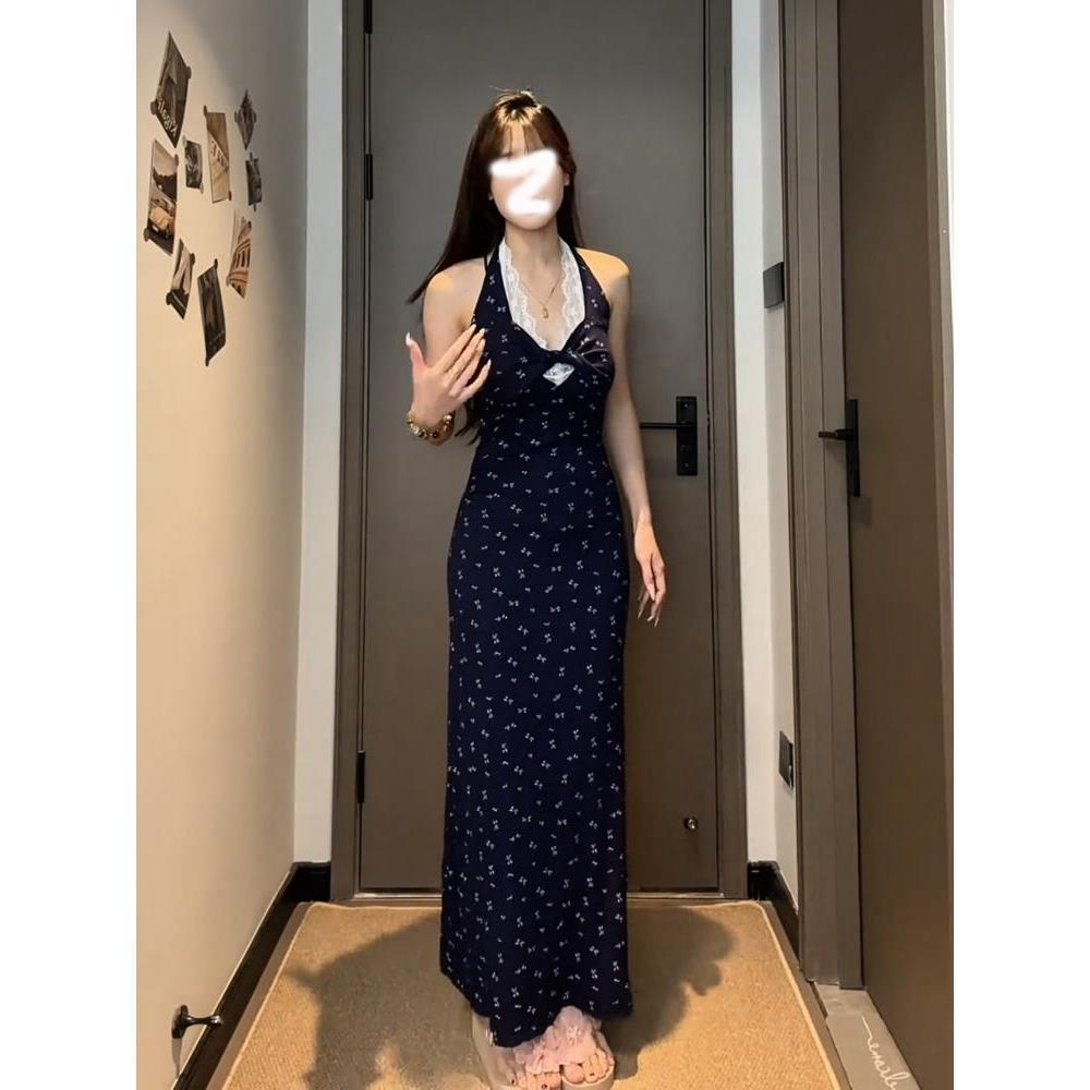 New neck blue long dress niche lace skirt floral dress summer casual temperament