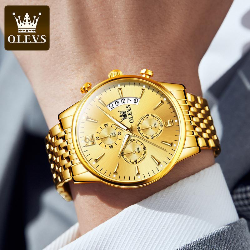 OLEVS Men's Watches Waterproof Luminous Sport Watch Chronograph Multifunction Business Fashion Gold Men's Quartz Watch