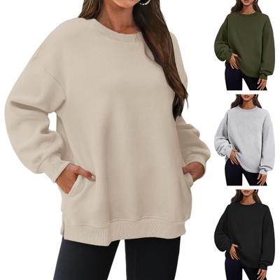 Fall Winter Women Sweatshirt Thickened Plush Round Neck Solid Color Loose Split Hem Pockets Pullover Mid Length Warm Sport Daily Wear Top