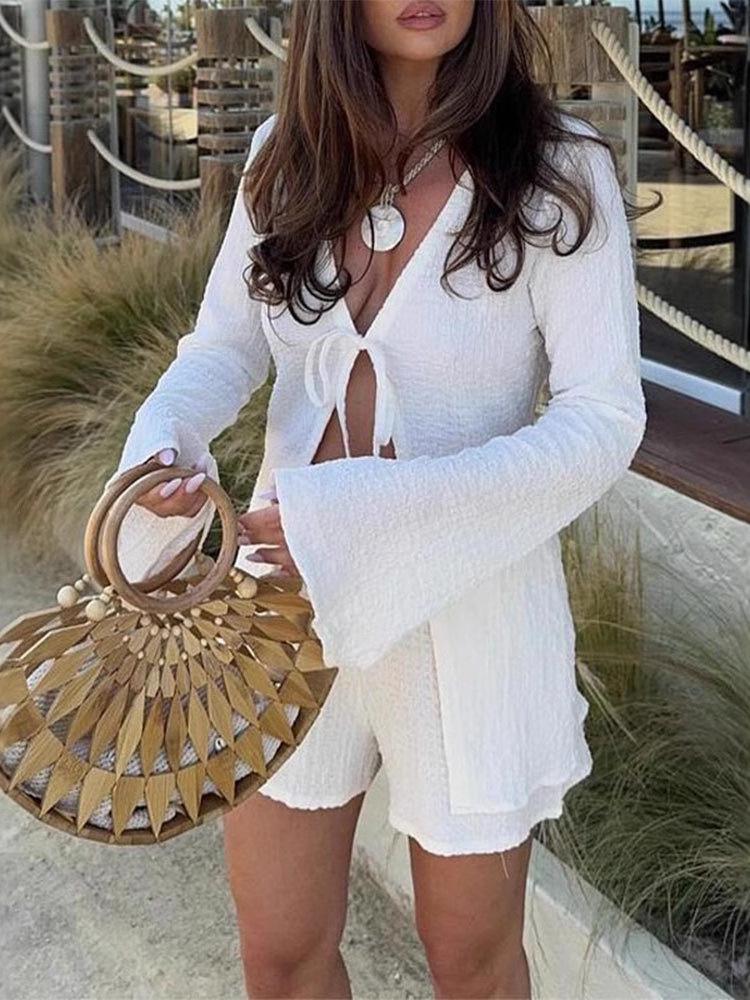 2026 European Summer Women's Solid Color Tie-Up Top and Shorts Set