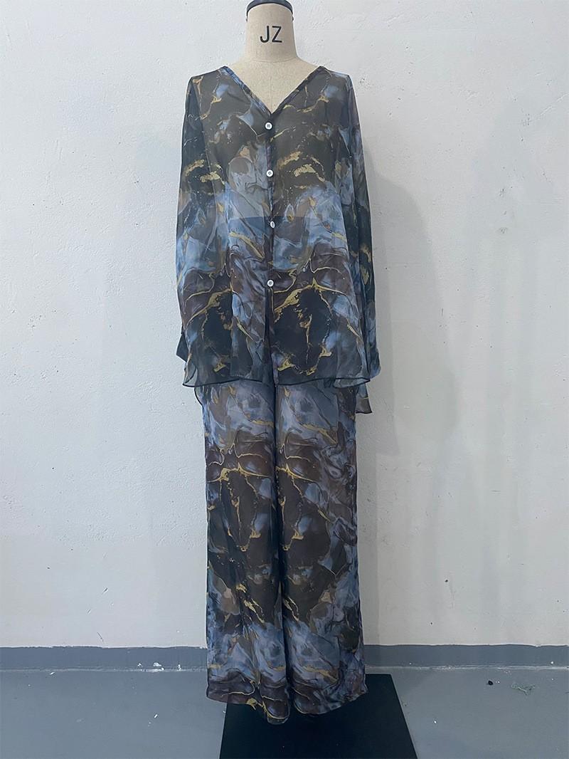 

Жіноча блузка вільного крою з мармуровим принтом та набір штанів широкого крою, зелений, коричневий, бежевий повсякденний комплект XXL