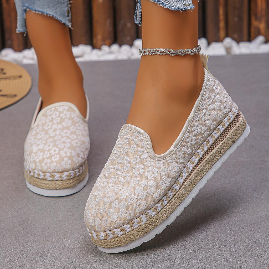 Fashion Elegent Flax Breathable Mesh Canvas Espadrille Flats Comfortable Women Elegent Weave Embroidery Pattern Designer Espadrille